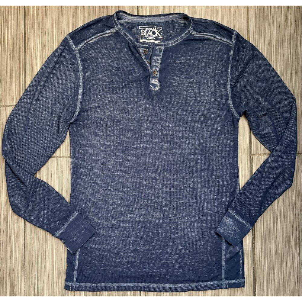 Buckle Black Men’s Slub Long Sleeve Burnout Henley Shirt Medium Blue Waffle